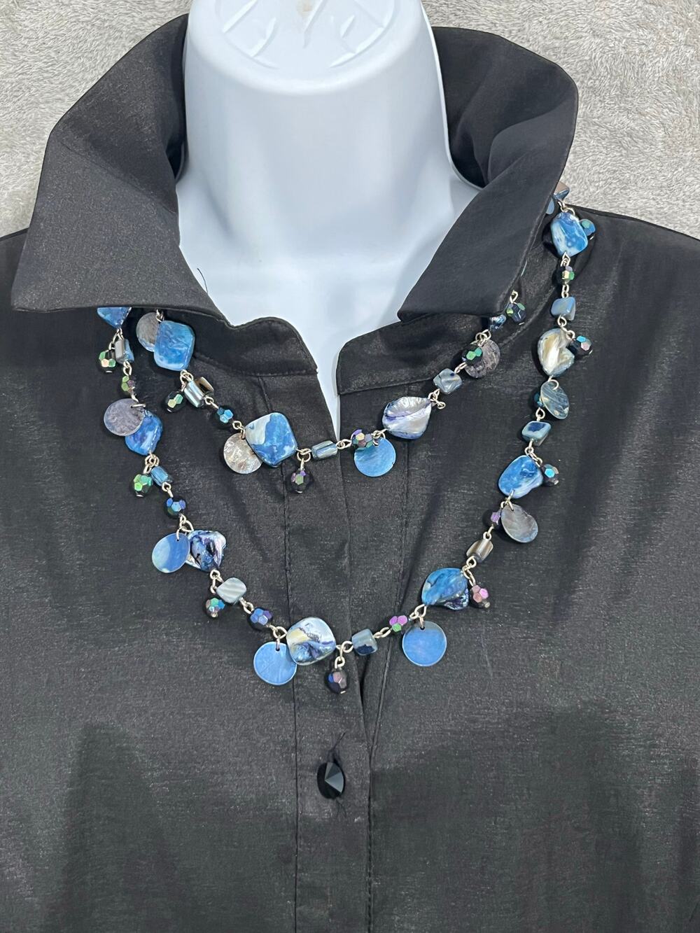 Beaded Mother of Pearl Shell Necklace Silver Toned Clasp 45" Long Coastal Beachy